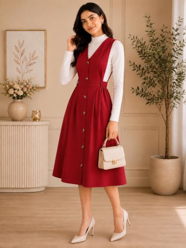 Image of WineRed Women Soild Pinafore Dress with Button