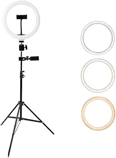 ROYAUX Ring Light with tripod stand & phone holder LED Phone Tripod Circle Selfie Light for Social?Media videos Streaming Makeup 3 Dimmable Color 10 Levels of Brightness