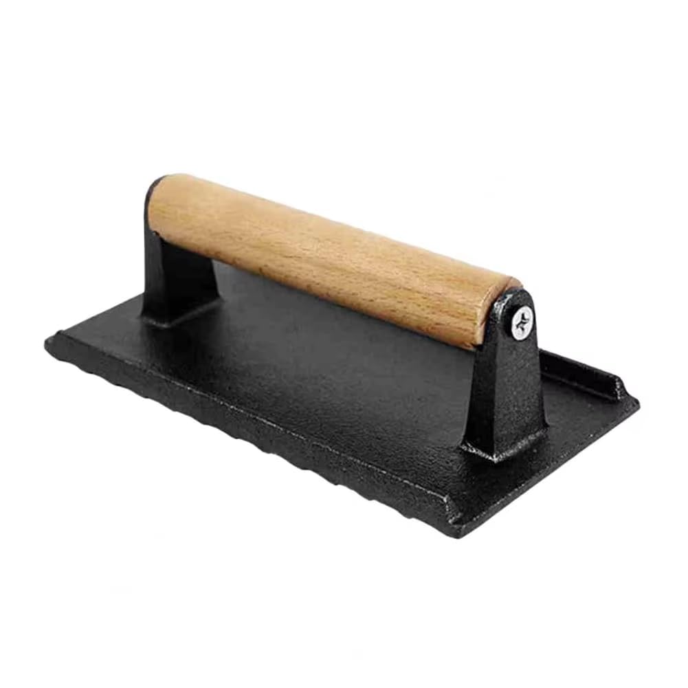 CTRLZS Meat Press for Grilling Cast Iron Bacon Press Rectangle Burger Press with Wooden Handle