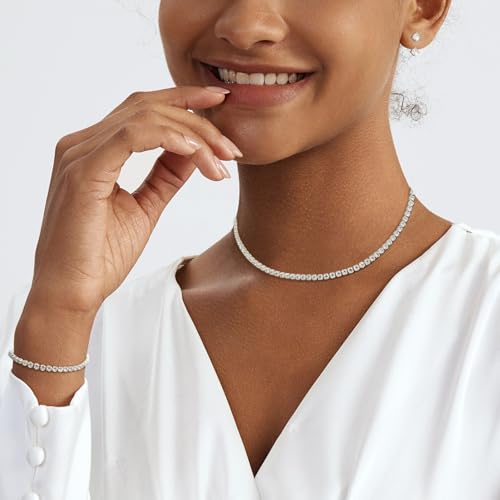 Luxval Tennis Necklace Set for Women Tennis Bracelets Diamond Earrings Sterling Silver Necklace Wedding Jewelry for Bride Silver Jewelry Sets for Women Gift3