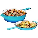 Bruntmor 2 in 1 Enameled cast Iron Pot with lid, 3QT Cast Iron Dutch Oven & Skillet Combo, Enameled Cast Iron Cookware with Lid, Perfect for Braising, Casseroles and Slow Cooking - Caribbean Blue