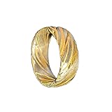 14K Gold Damascus Ring Mens Wedding Band Yellow Gold Damascus Steel Rings For Him Unique Wood Grain Pattern Comfort Fit Stainless Steel