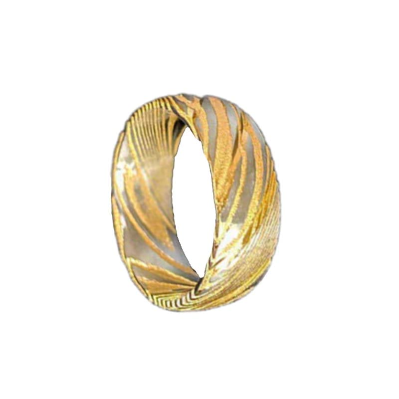 14K Gold Damascus Ring Mens Wedding Band Yellow Gold Damascus Steel Rings For Him Unique Wood Grain Pattern Comfort Fit Stainless Steel
