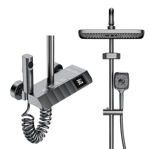 YJYAJIE Columna de Ducha con Grifo, diseño de llave de piano, 30x20cm Cabezal de Ducha de Lluvia, Pantalla Digital LED, Altura Ajustable, Multifuncional para el Confort del Baño