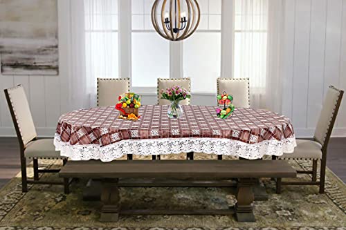 Image of The Furnishing Tree Waterproof PVC Oval Shaped 8 Seater Table Cover WxL 60x90 inches Basketweave Pattern Multicolor with White Border lace