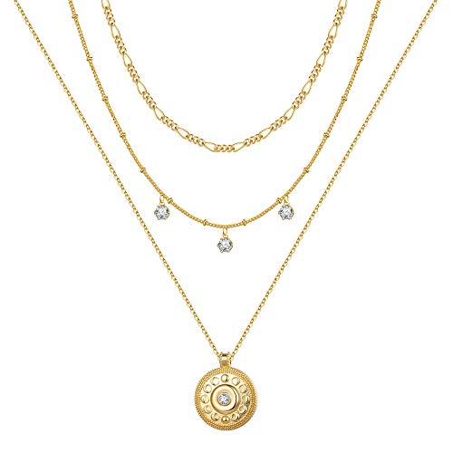 Layered Necklaces for Women,14K Gold Plated Layering Cz Medallion Necklace 3 Layer Choker Necklace Dainty Delicate Figaro Chain Choker Necklace for Women Stacklable Necklace Set Triple Necklace