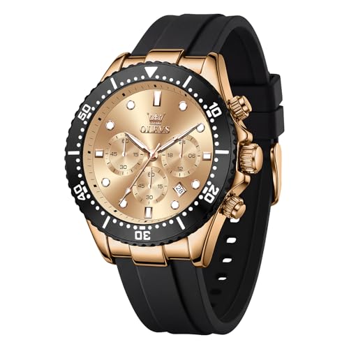 Image of OLEVS Men's Watches Sport Chronograph Analog Quartz Watch for Men with Date Waterproof Dress Casual Fashion Watch Soft Silicone Rubber Strap Band, Unidirectional Bezel & 42mm Big Face