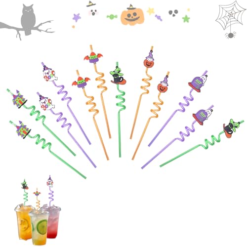 Pajitas Reutilizables,12pc Halloween Pajitas Plástico,Pajitas Rizadas para Niños,para Decoraciones de Fiesta,Halloween