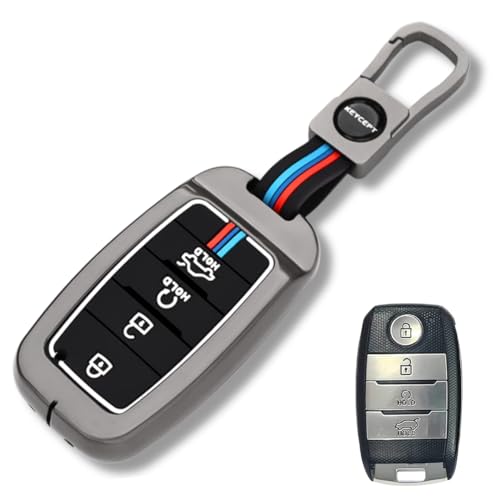 Image of KEYCEPT Metal Key Cover Compatible for Kia Seltos | Sonet | Carens 4 Button Smart Key with Keychain (Short Keychain).
