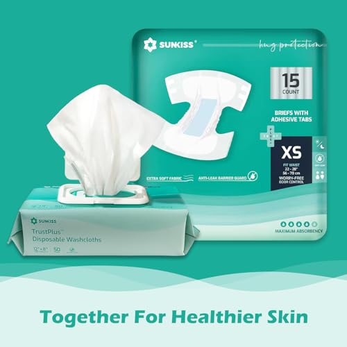 SUNKISS TrustPlus Adult Diapers with Maximum Absorbency, Disposable Incontinence Briefs with Tabs for Men and Women, Odor Control, XLarge, 15 Count