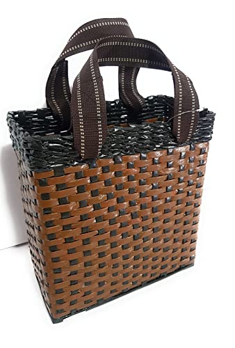 Image of Paperus Re-usable Small Light & Dark Brown Carry Bag, Shopping Bag, Tiffin Basket, Lunch Basket, Eco-Friendly, Handmade, of Paper Ropes 11 in Tall 10 in Length 5 in Wide Base