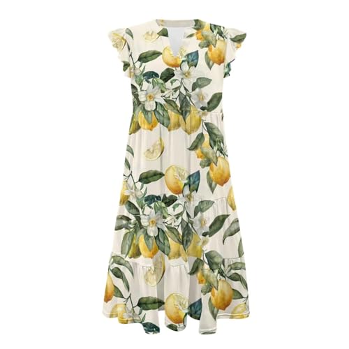 Image of Womens Summer Dress Ruffle Sleeve V Neck Dress Casual Fit Flowy Beach Vacation Sundress with Pocket S-2XL