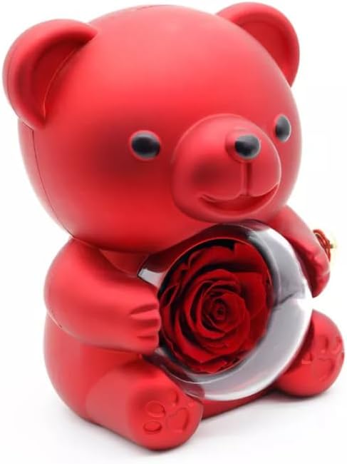 Titanica Shop Cute Teddy Bear with Preserved Rose,Eternal Flowers Rotating Rose Box with Necklace Romantic Gift for Her in Valentine's Day, Mother's Day,Weddings,Anniversaries,and Bridal Showers