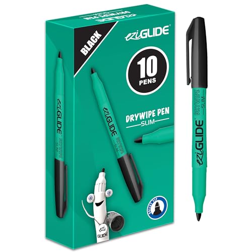 Eziglide Slim Barrel Black Whiteboard Pens 10 Pack, Black Ink Pen Set, Dry Wipe Pens for Whiteboard, Hard-wearing Fibre Bullet Tips Whiteboard Pen for School, Office & Home Schooling Supplies