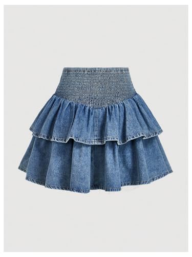 MakeMeChic Women's Shirred Denim Mini Skirt Ruffle Tiered Layer Short Jean Skirts2