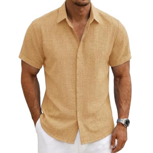 Mens Linen Shirts Short Sleeve Casual Shirt Button Down Summer Beach Vacation Tops Men Casual Dress Shirts Breathable 4X-Large Tall 00140_orange Yellow