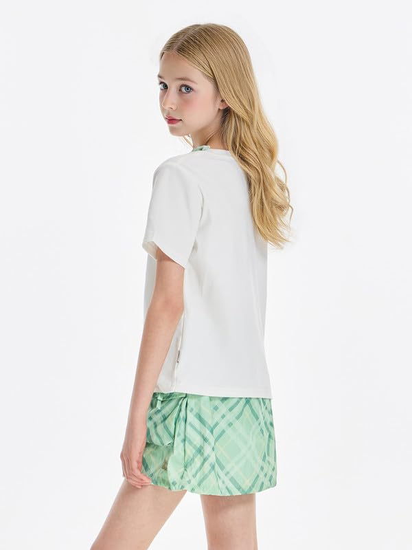 Girls Shirts,White Cat & Green Heart & Sequin Embellished Graphic Tee - Cute Casual Top with Glitter Details 6-16Y4