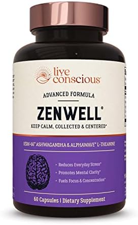 KSM-66 Ashwagandha Supplement w/L Theanine & AlphaWave - ZenWell by Live Conscious - Everyday Stress Relief, Mood Support, Cognitive, Brain Health - Ashwagandha for Men & Women - 60 Capsules