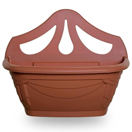 Image of AOC24 - 42cm Wall Hanging Planter - Plastic Plant Flower Pot Indoor Outdoor - Garden Fence Hanging Planters - Venetian Design Drainage Holes - Fence Pot Container - 42 x 18 x 34 cm (1, Terracotta)