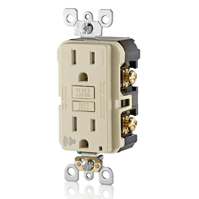 Image of Leviton Outlet with Audible Alarm, 15 Amp, Self Test, Tamper-Resistant with LED Indicator Light, Great for Refrigerators in Garages, GFTA1-T, GFCI, Light Almond
