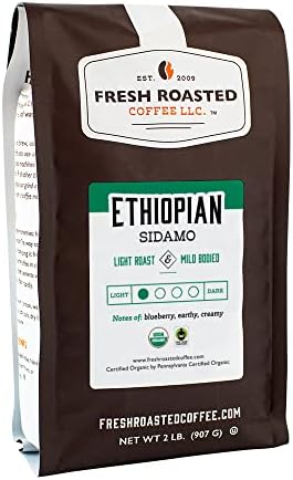 Fresh Roasted Coffee, Organic Ethiopian Sidamo, 2 lb (32 oz), Light Roast, Fair Trade Kosher, Whole Bean