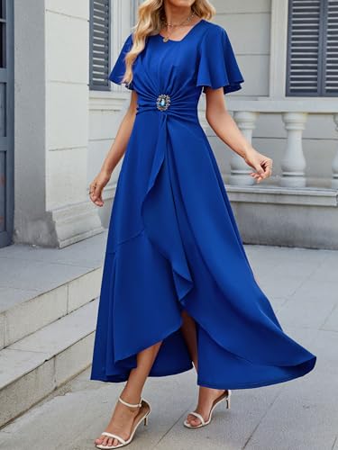 Image of QMZ Wedding Guest Dresses for Women V Neck Cocktail Dress Ruffle Sleeve A Line Evening Party Formal Dresses for Women