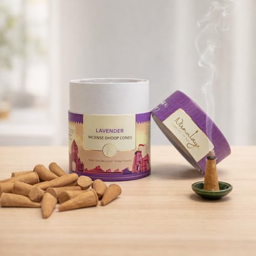 Image of Nirmalaya Premium Lavender Dhoop Cones | 60 Bambooless Incense Cones with Stand | Made from Sacred Flowers | Charcoal Free Cones | 25 Min Burn Time for Pooja & Meditation