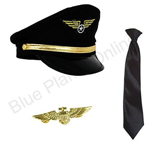 Blue Planet Online - Pilot Aviator Captain Hat Cap, Tie & Gold Pin Badge Fancy Dress by Blue Planet Online