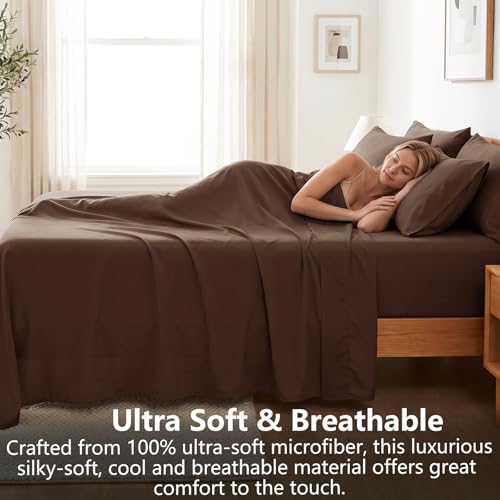 Image of CozyLux 6-Piece Cal King Sheet Set, Fits 18-21 Inch Mattresses, Oeko-TEX | 4 Pillowcases, 1 Flat Sheet and 1 Fitted Sheet with All-Around Elastic and 21-Inch Deep Pocket for a Secure Fit, Brown