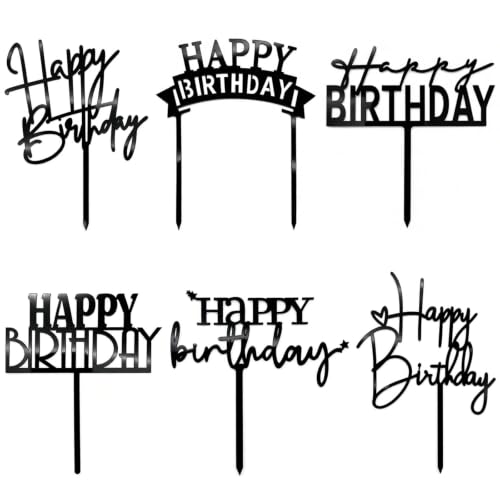 Black Birthday Cake Topper, 6pcs Acrylic Birthday Cake Toppers Happy Birth Cake Toppers for Party Decorations