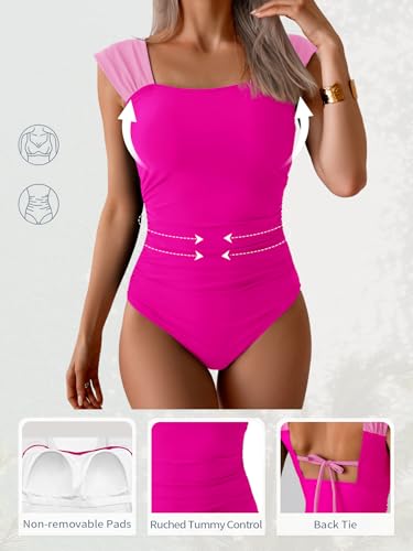 Image of B2prity Womens One Piece Swimsuit Retro Square Neck Tummy Control Bathing Suits Ruched Modest Full Coverage Swimwear