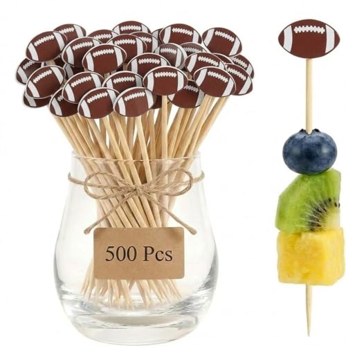 500 Pcs Football Bamboo Skewers, 4.7' Brown Football Cocktail Picks, Decorative Appetizer Toppers...