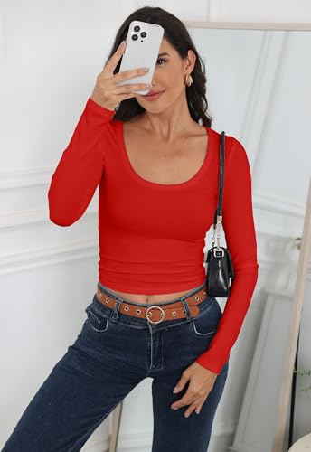 Roselux Womens Long Sleeve Scoop Neck Ribbed Knit Fitted Crop Top Casual Basic Shirts4