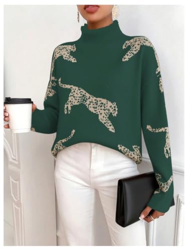 Image of WDIRARA Women's Leopard Tiger Print Sweater High Neck Long Sleeve Fuzzy Knitted Pullover Top
