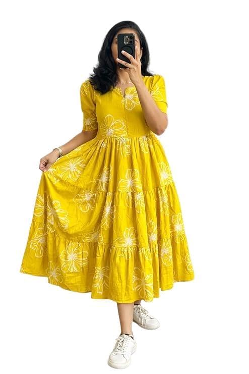 Image of Women's Pure Cotton Maxi Midi Dress Western Dress for Women Elegant Floral Printed Long Dresses | Soft & Breathable Fabric | Casual Trending Dress