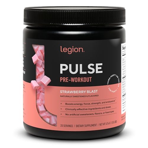 Image of LEGION Pulse - All Natural Nitric Oxide Preworkout Drink to Boost Energy, Creatine Free, Naturally Sweetened, Beta Alanine, Citrulline, Alpha GPC (Strawberry Blast)
