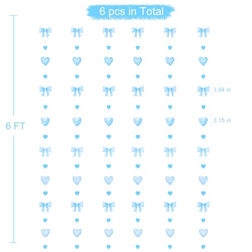 Image of Blue Bow Decorations Blue Plaid Twill Polka Dot Bow Heart Hanging Streamer Garland Banner for Baby Shower Birthday Wedding Bridal Shower Bachelorette Coquette Anniversary Party Decorations Supplies