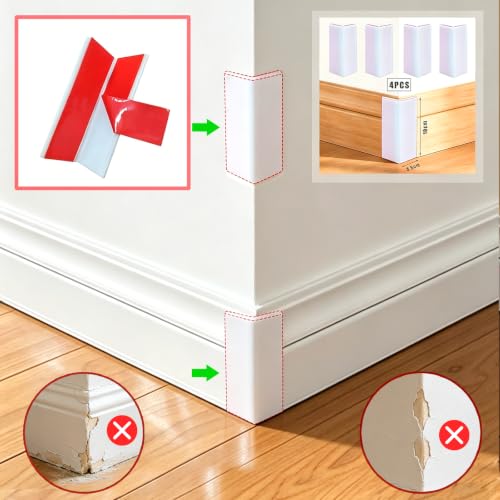 Image of White Baseboard Corners Blocks Self Adhesive, Thickened Rubber Safety Corner Protectors Cushion, Soft Edge Furniture Wall Guards (4 PCS)