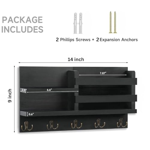 Image of Wooden Wall Mounted Key Holder with Hooks and Organizer Shelf Wall Rack for Letters Wallets and Accessories Home and Office Wall (Black, Elegant Mail Organizer)