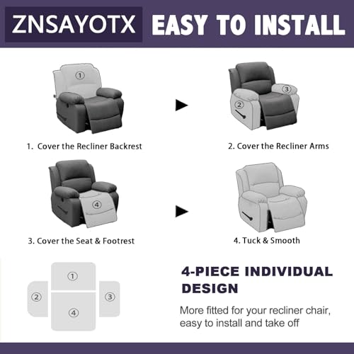 Image of ZNSAYOTX Stretch Velvet Recliner Cover 4-Pieces, Thick Soft Recliner Chair Slipcover with Pocket, Non-Slip Elastic Bottom for Kids Pets, Luxury Plush Reclining Protector Comfy Washable (Silver Grey)