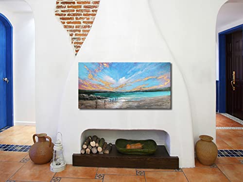 Arjun Ocean Summer Teal Wall Art Canvas Coastal Beach Painting Blue Sky Turquoise Landscape Picture Panoramic Gold Foil Textured Large Artwork Framed For Living Room Bedroom Bathroom Wall Decor 40"X20" #TOP4