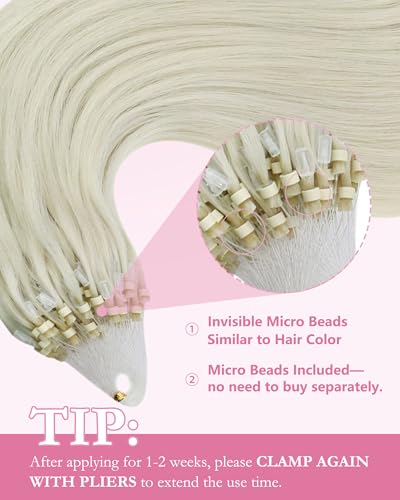 Image of YoungSee Micro Loop Extensions Real Human Hair 24 Inch Blonde Micro Link Hair Extensions Human Hair Platinum Blonde Microbead Extension 1g /strands 50g Cold Fusion Hair Extension for Wedding