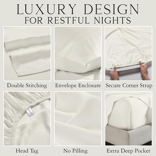 Image of KARISSA MAE Luxury Bamboo Viscose Split King Size Sheet Set, FSC Certified | Includes 2 Twin XL Fitted Sheets | Sleep Number & Adjustable Bed | Cooling | 18 inch Deep Pocket w / Corner Straps [Ivory]
