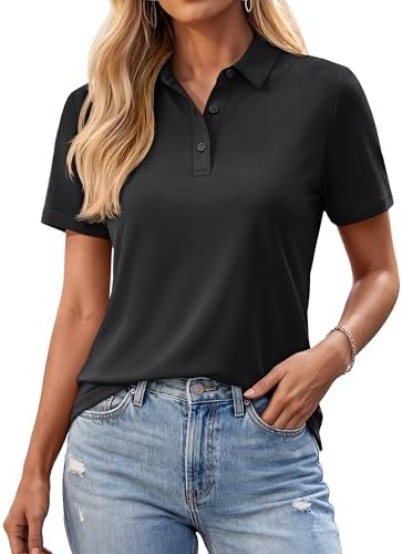 YUCOLEN Women's Short Sleeve Collared Polo Shirt – Black, Size M – Ideal for Golf & Work