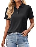 YUCOLEN Polo Shirts for Women Short Sleeve 3 Button Collared Golf Tee Cotton Business Casual Summer Work Tops Black, XL