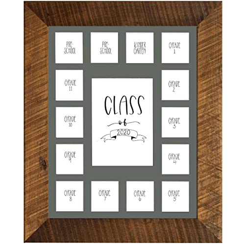 Image of Rustic Red Door Co. School Years Reclaimed Wood Picture Frame with Mat - 11x14 Wooden Framed 15 Photo Collage Mat Pre-School & Kindergarten to 12th Grade (Class of 2020, Grey)