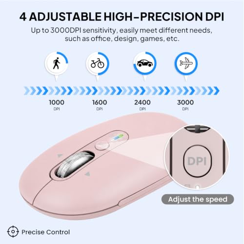 Image of Wireless Bluetooth Mouse,USB+BTx2,Slim Pebble Multi Device Small Travel Mice,Metal 4 Way Super Scrolling,± 3000 DPI,Quiet,Portable,Long Battery for Laptop,Computer,Tablet,Mac,iPad,PC,Phone (Pink)