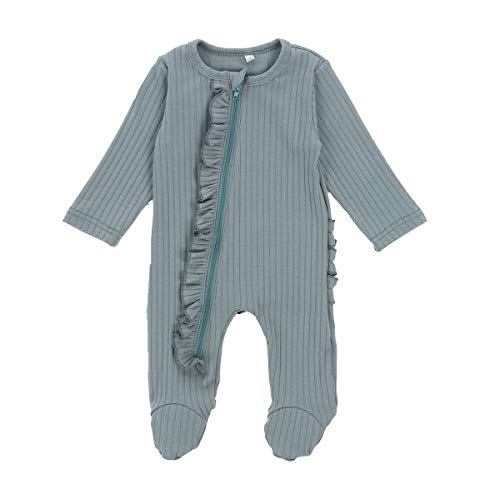 Ayalinggo Newborn Baby Girl Boy Footie Oneise Sleeper Pajamas Ruffle Ribbed Romper Jumpsuit Knitted Solid Outfits Clothes (Knitted Zipper Footies Gray-Blue, 0-3 Months)