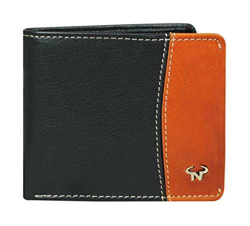Image of Calfnero Men's Genuine Leather Wallet-Multiple Card Slots ID Window with Coin Pocket- Leather Wallet (Black-Cognac)