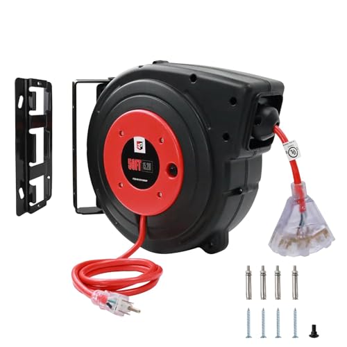 EP Retractable Extension Cord Reel, 50 Ft Heavy Duty Power Cord, 14 AWG/3C SJTOW, 13 AMP Circuit Breaker, Lighted Triple Tap, Ceiling or Wall Mount, UL Listed